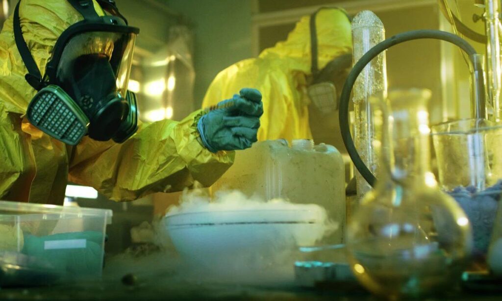 lab worker performing an experiment on meth